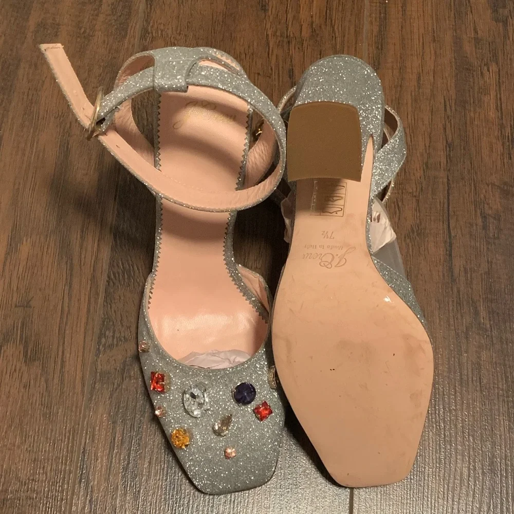 J.Crew Harlow Silver Glitter Bejeweled Ankle-Strap Pumps Wedding Block Heels. - Picture 3 of 3